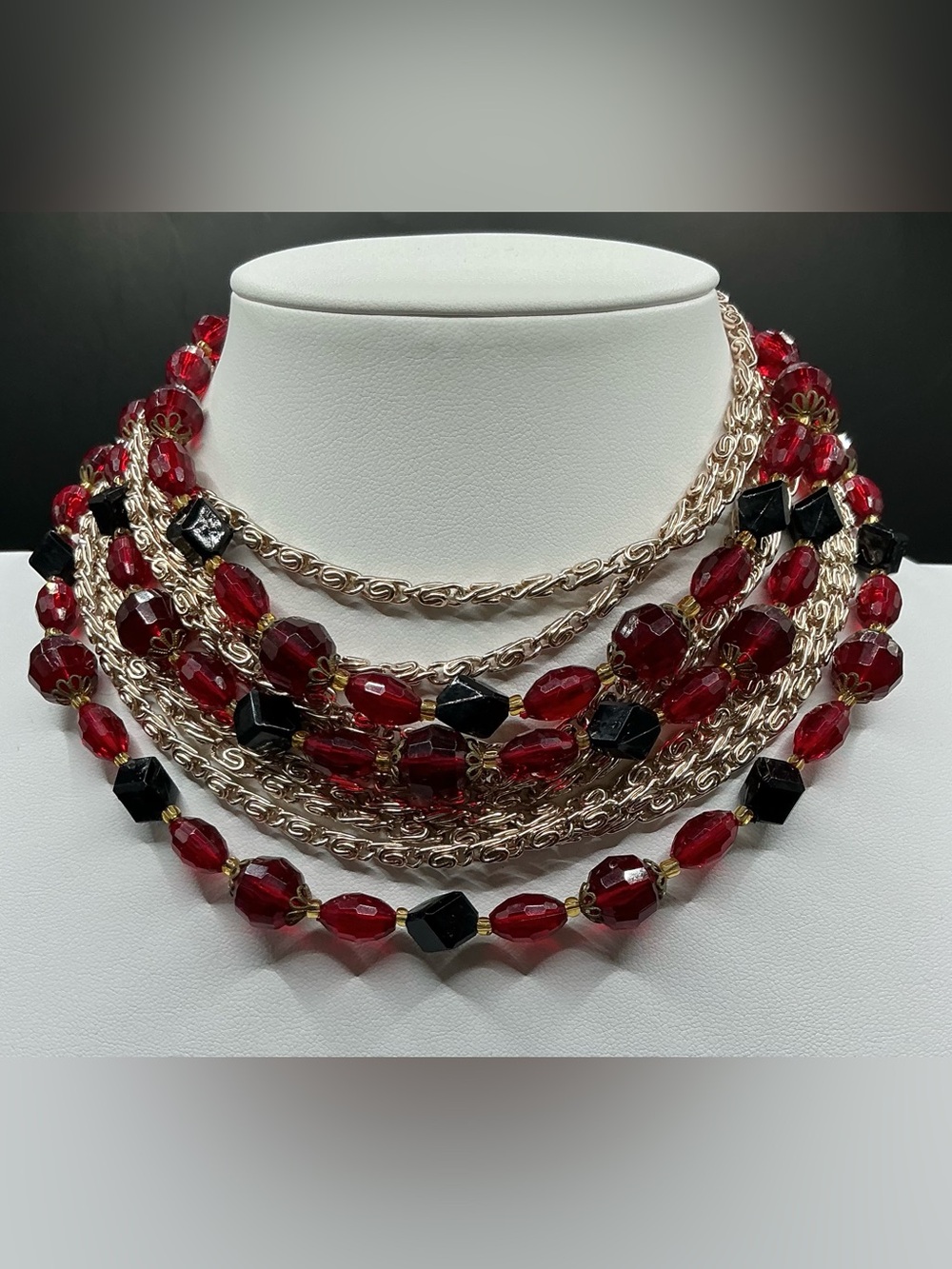 VINTAGE WEST GERMANY FACETED BEAD MULTI LAYER CHAIN GOLDTONE CHUNKY NECKLACE